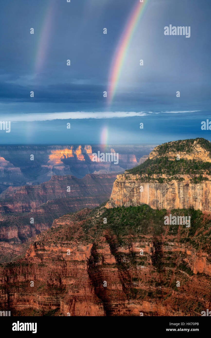 Rainbow su Grand Canyon. Il Bright Angel Point. North Rim Grand Canyon National Park, Arizona Foto Stock