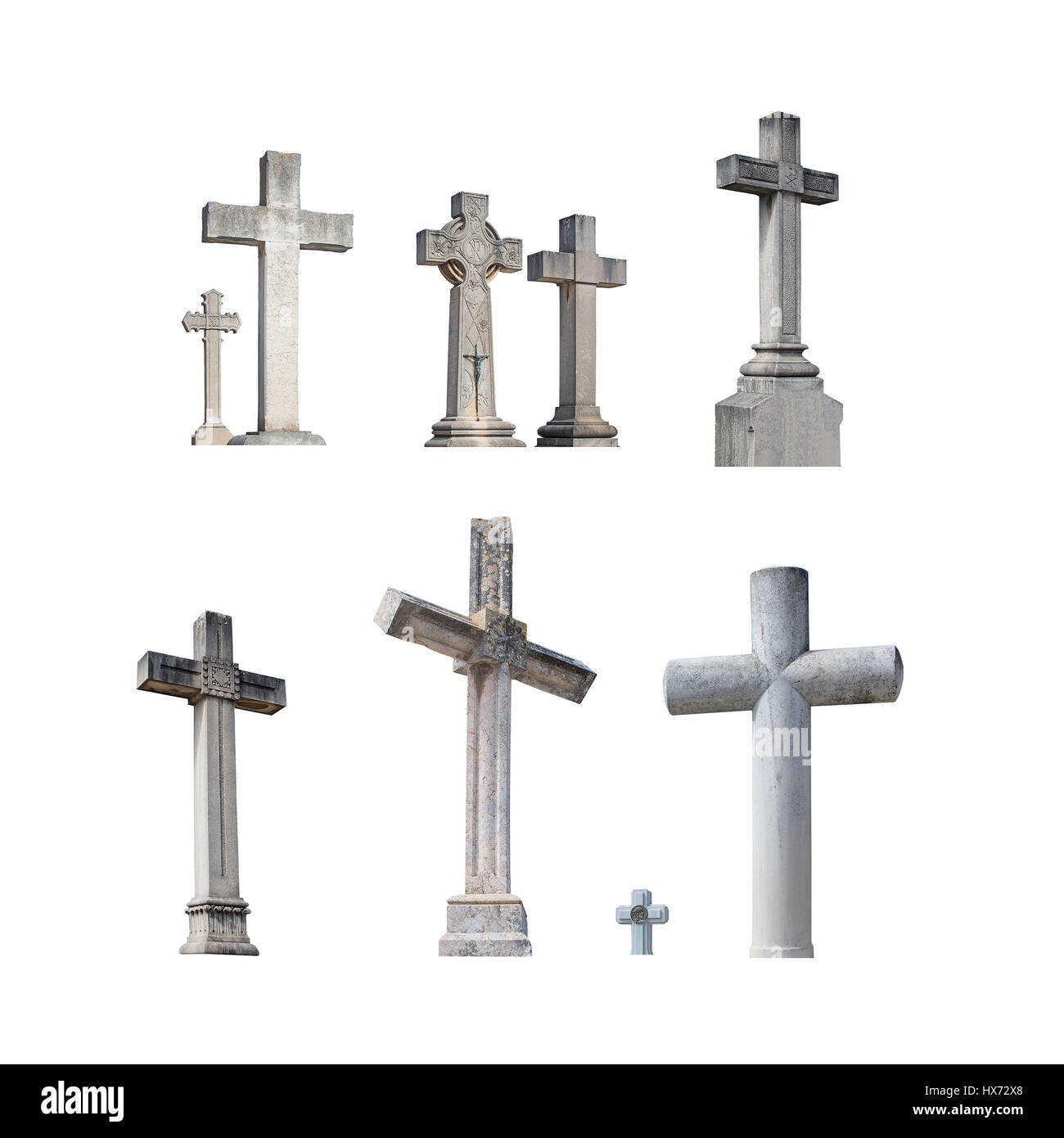 Cimitero Cattolico contrassegnato per la rimozione definitiva elaborata attraversa isolato su bianco. Foto Stock