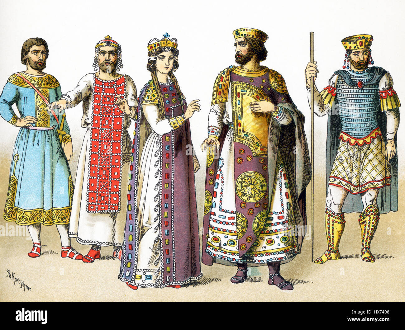 L'illustrazione qui highlights bizantini tra 800 e 1000 A.D. Da sinistra a destra essi sono: uomo di rango, Basileus in 886, imperatrice bizantina, imperatore bizantino, Basileus II nel 1025 D.C. L'illustrazione risale al 1882. Foto Stock