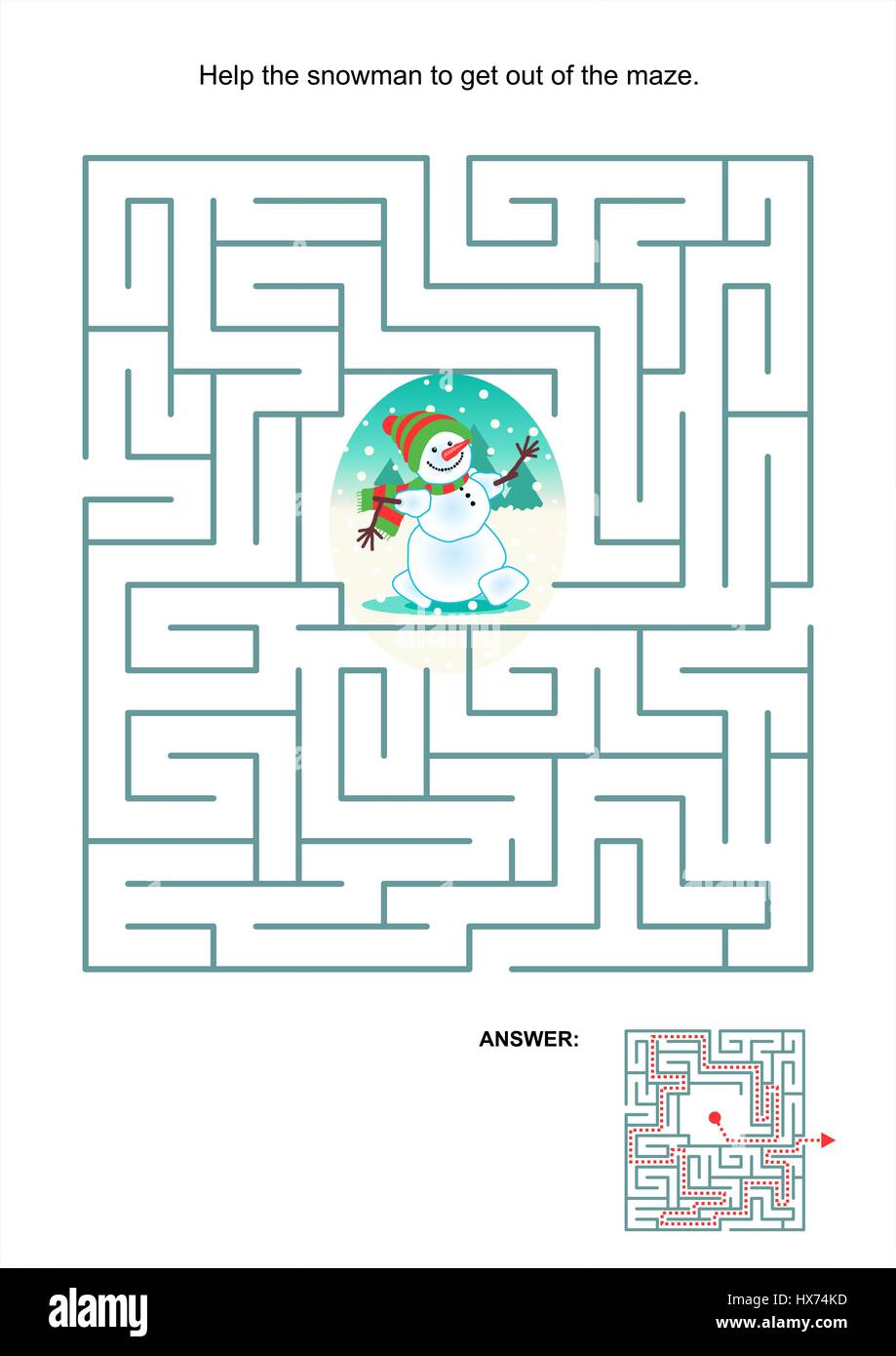Gioco labirinto o pagina di attività per i ragazzi: aiutare il pupazzo di neve di uscire dal labirinto. Risposta inclusa. Illustrazione Vettoriale