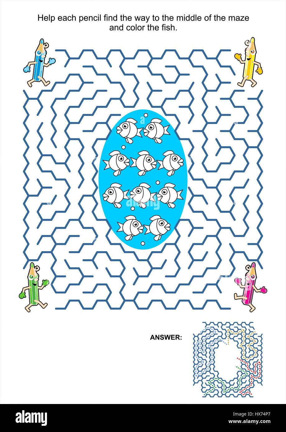 Gioco labirinto e colorazione pagina Attività per bambini: aiutare ciascuno a matita di trovare il modo per mezzo del labirinto e il colore dei pesci. Risposta inclusa. Illustrazione Vettoriale