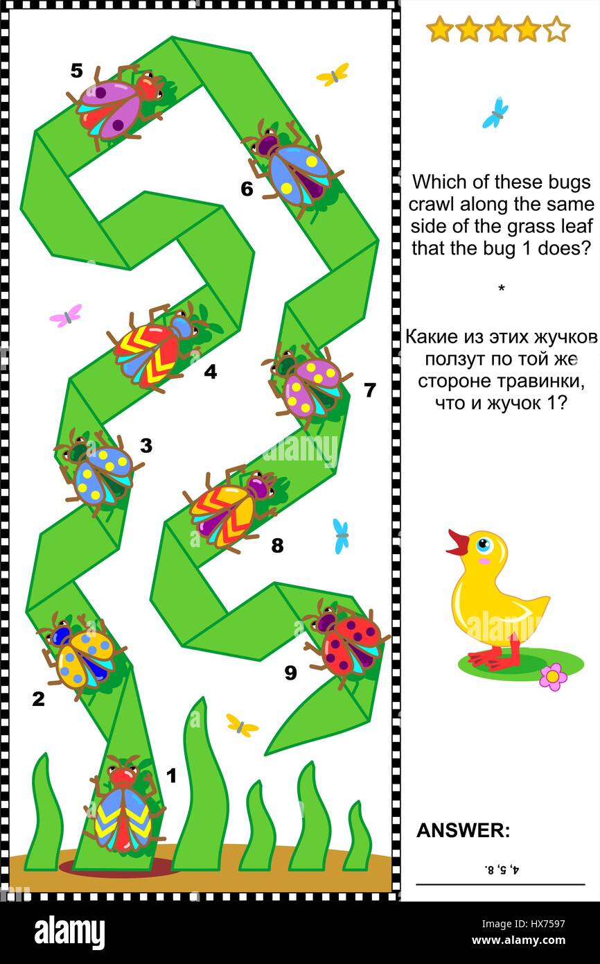 Visual puzzle per rafforzare le abilità spaziali della mente: Quale di questi bug strisciare lungo lo stesso lato della foglia di erba? Risposta inclusa. Illustrazione Vettoriale