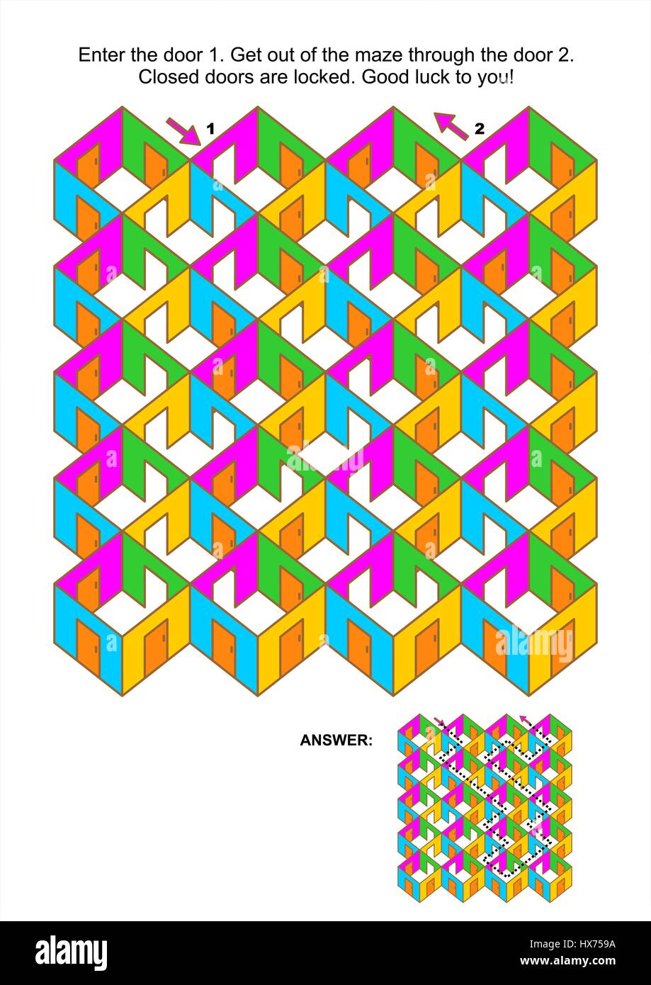 Gioco labirinto: immettere la porta 1. Uscire dal labirinto attraverso la porta 2. Risposta inclusa. Illustrazione Vettoriale