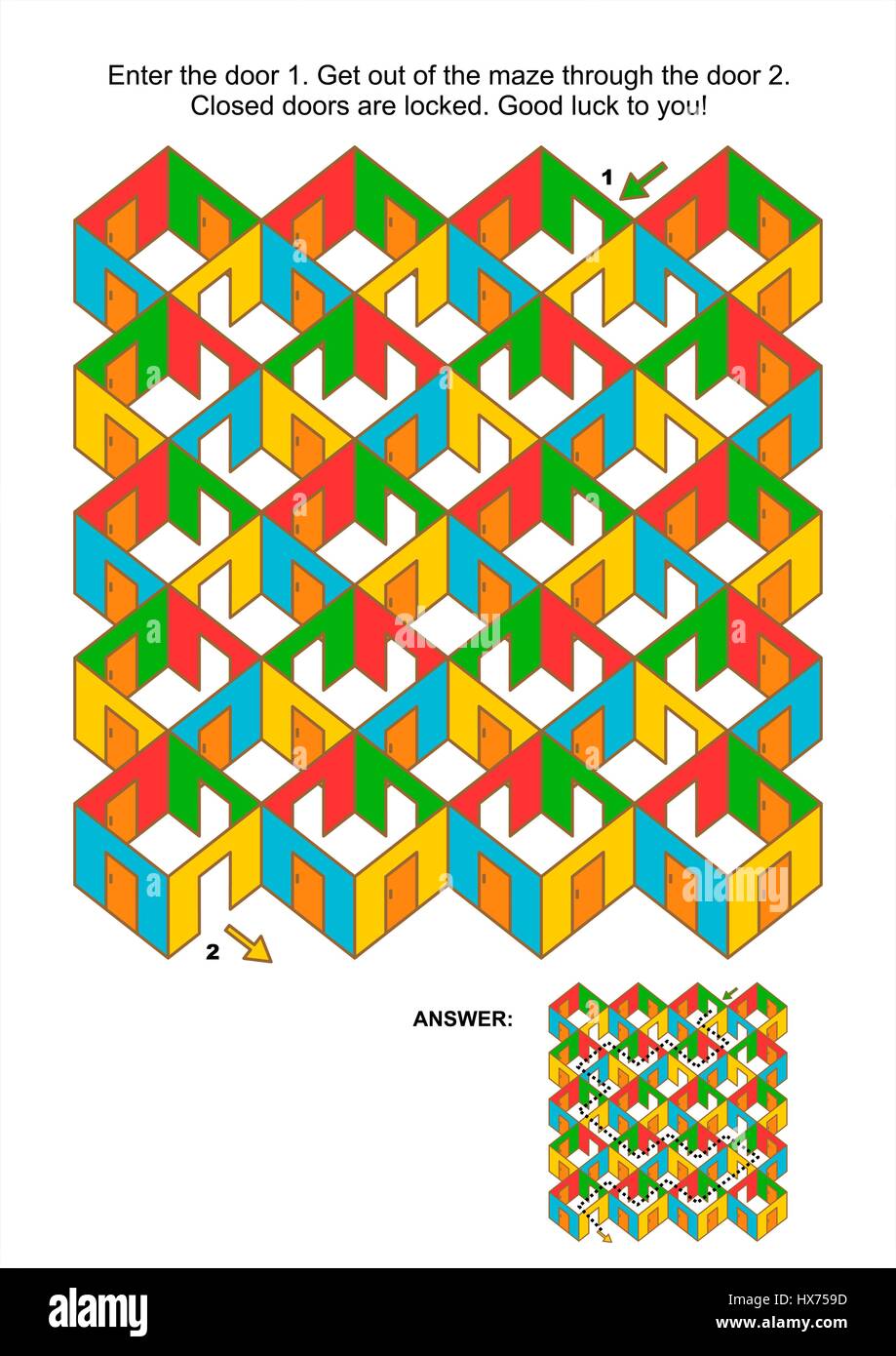 Gioco labirinto: immettere la porta 1. Uscire dal labirinto attraverso la porta 2. Risposta inclusa. Illustrazione Vettoriale