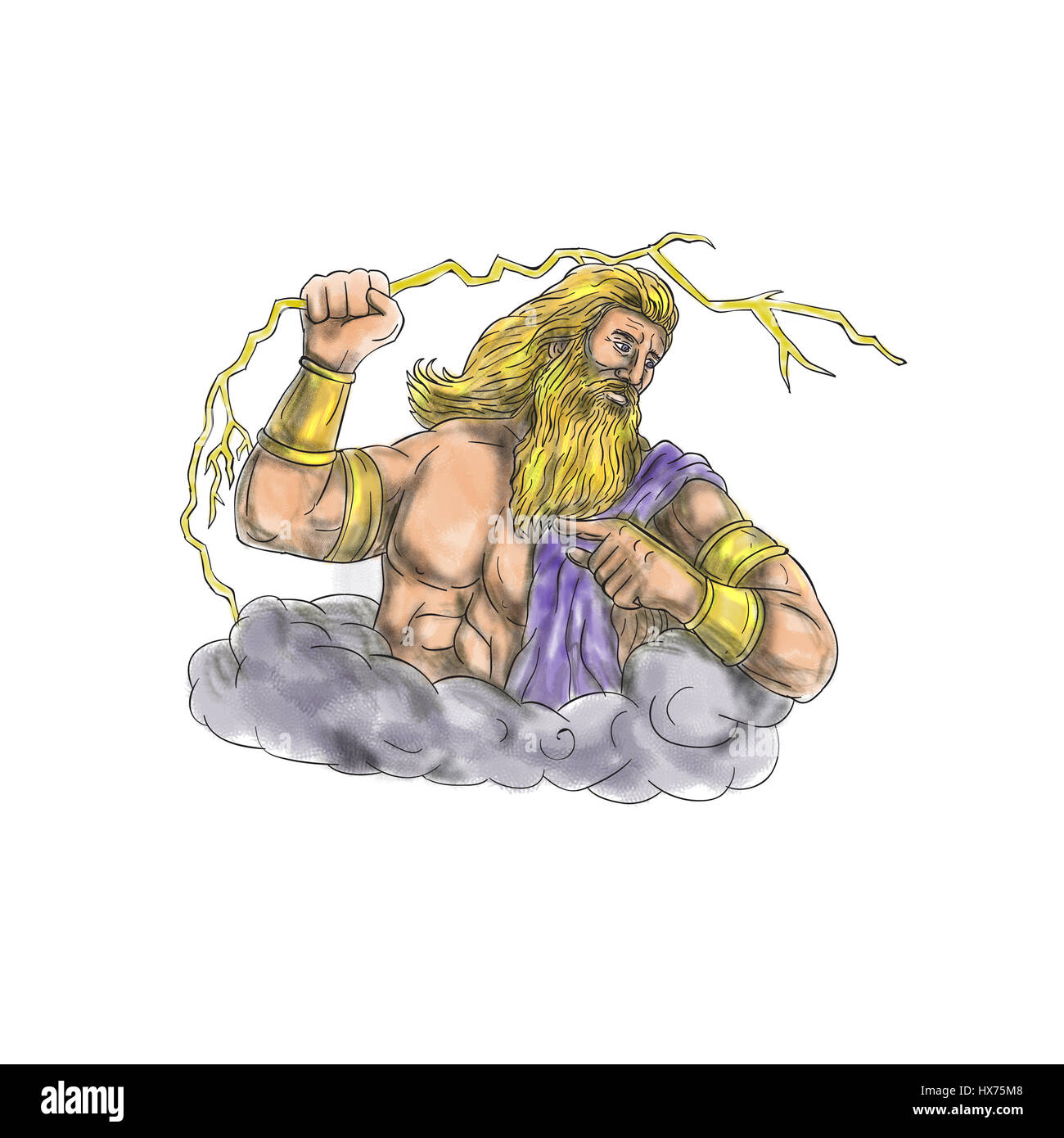 Tatuaggio illustrazione dello stile di Zeus, il dio greco del cielo e dominatore della Olympian dèi wielding tenendo un thunderbolt guardando al lato impostato su isol Foto Stock
