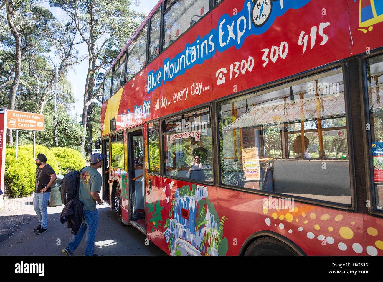 Blue Mountains explorer double decker bus visitatori guida intorno alle principali attrazioni nelle Blue Mountains, Nuovo Galles del Sud, Australia Foto Stock