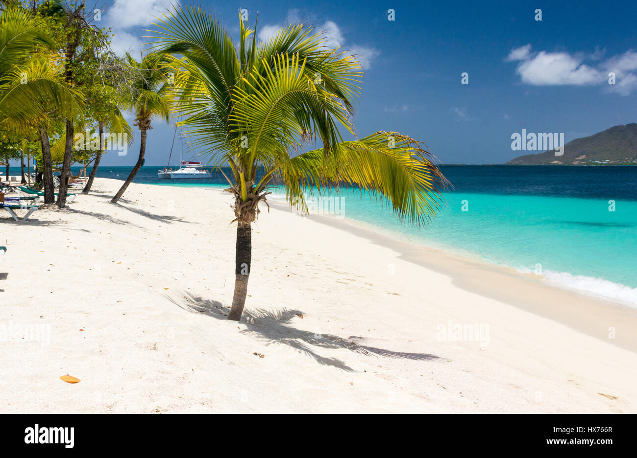 Palm Tree Shadow, spiaggia, e Union Island View: Palm Island, Saint Vincent e Grenadine, Foto Stock