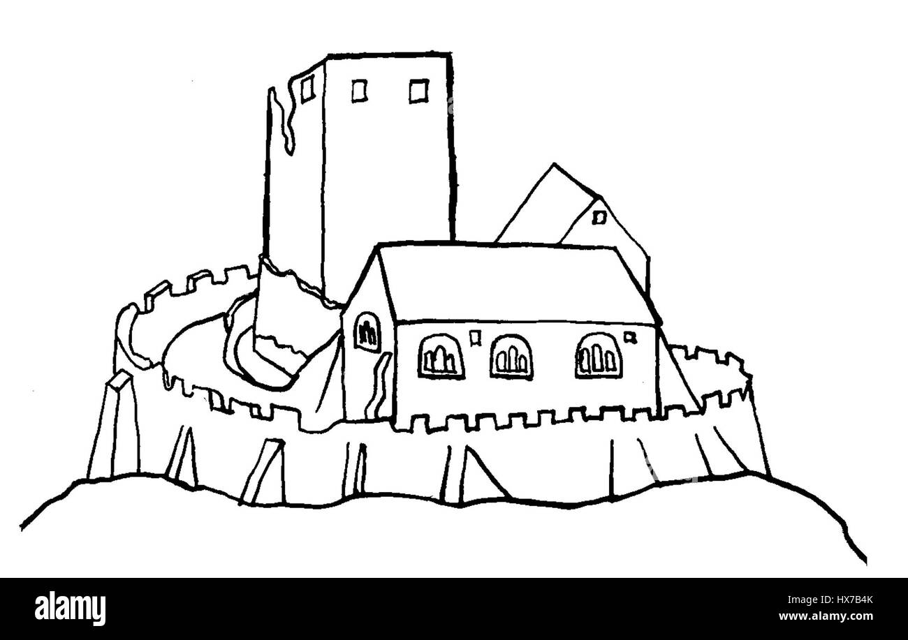 "Wachsenburg vor Umbau durch Enst" si riferisce al castello di Wachsenburg prima della sua ristrutturazione. Il dipinto o la raffigurazione mostra il castello nella sua forma originale, mostrando l'architettura medievale e il suo significato storico prima delle modifiche moderne. Foto Stock