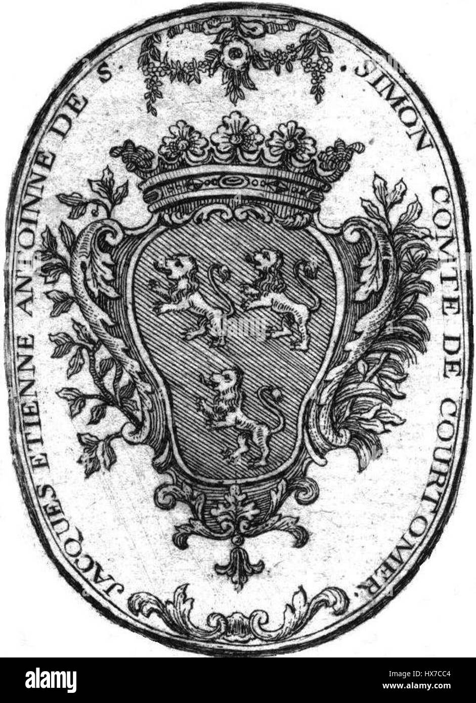 L'"Ex libris Jacques Etienne Antoine de Saint Simon Courtomer" è una libreria appartenente a un nobile francese, che mette in risalto la sua proprietà e indica il suo background aristocratico attraverso la progettazione artistica dettagliata. Foto Stock