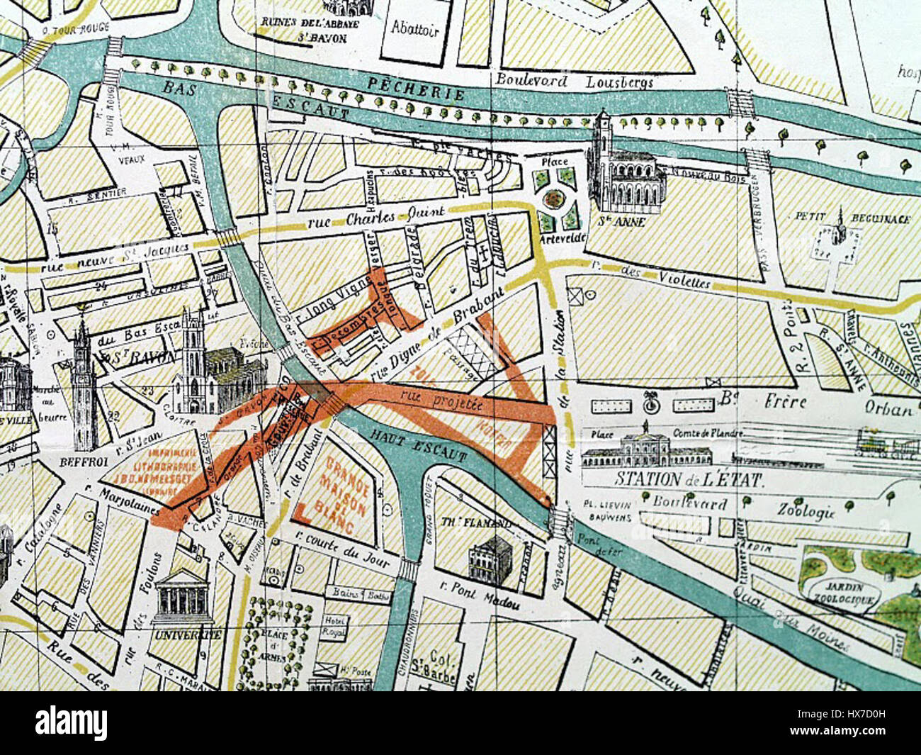 Mappa di Gand, Belguum, 1876, Hemelsoet Foto Stock