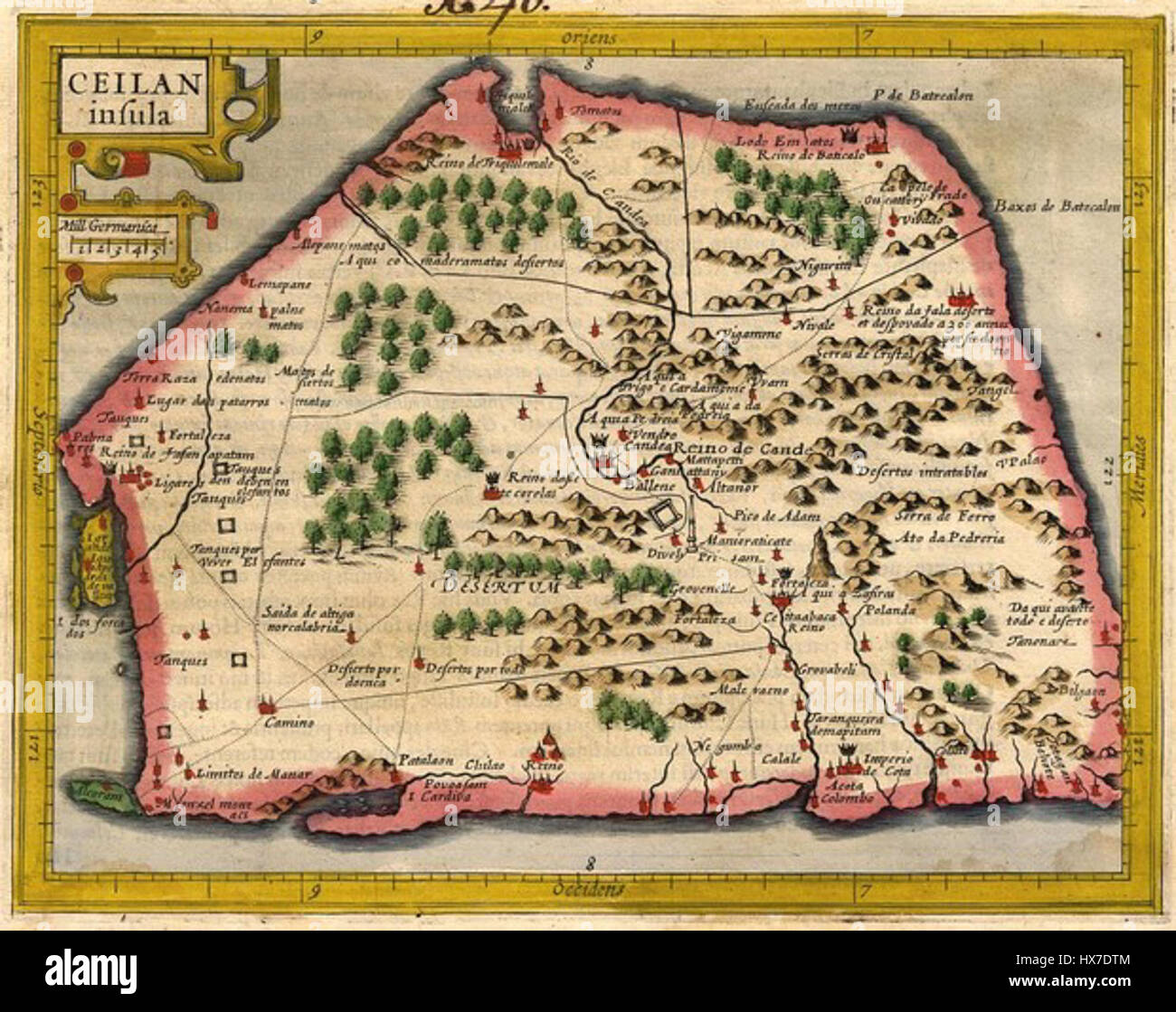 Questa mappa, intitolata "Mercator Map of Tamil Vanni Country (Northern)", illustra le caratteristiche geografiche e le regioni culturali dell'area di lingua tamil nel nord dello Sri Lanka. La mappa riflette le divisioni territoriali storiche e fornisce una prima vista cartografica della regione, evidenziando le aree costiere e gli insediamenti interni. Foto Stock
