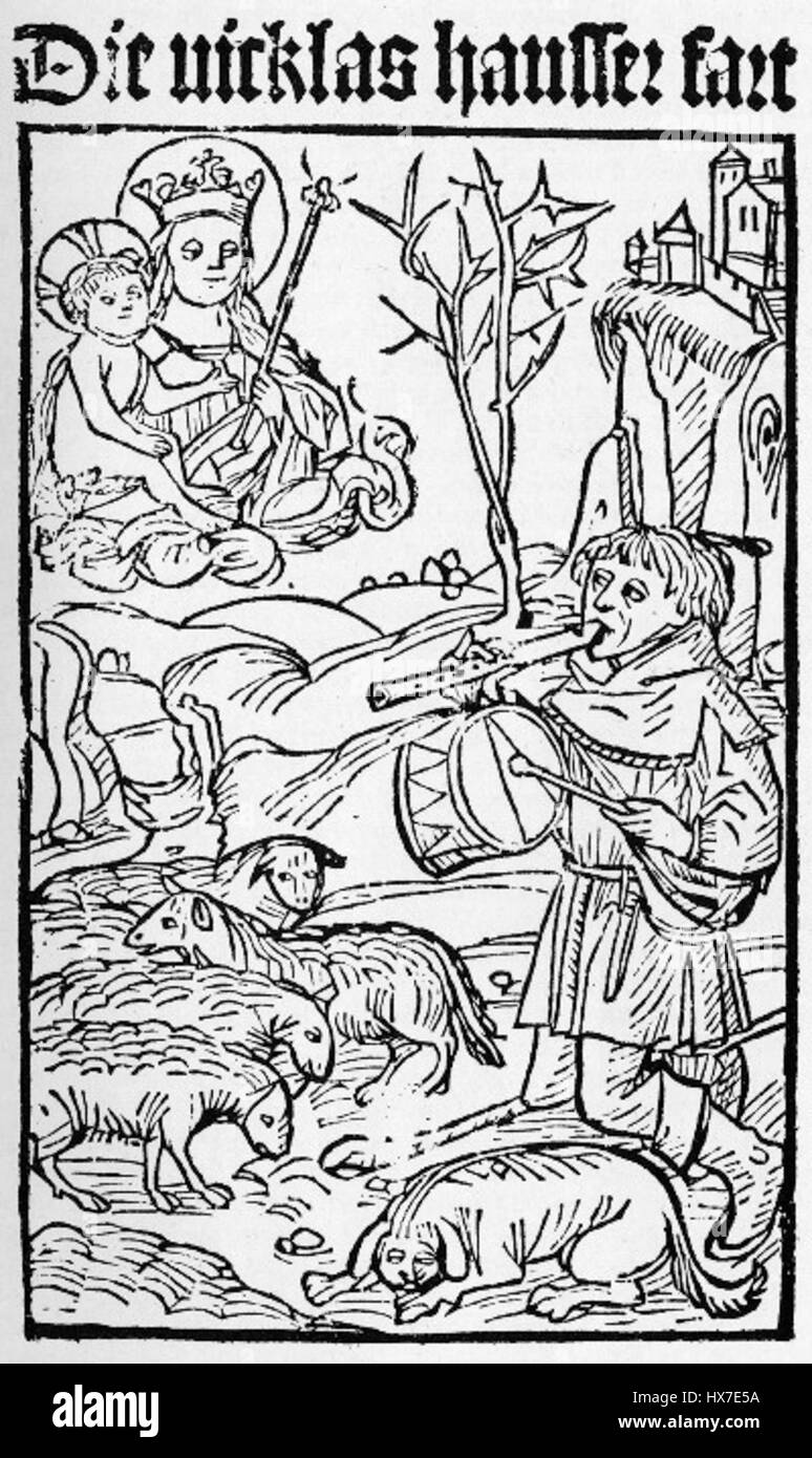 Il *Niklashausen Lied* è una canzone tedesca medievale associata al riformatore religioso del XV secolo Hans Böhm. Faceva parte del movimento hussita e si concentrava su temi spirituali e sociali. La canzone divenne un inno per coloro che sostenevano la riforma nella chiesa e nella società, sottolineando l'importanza della fede e dell'azione comunitaria. Foto Stock