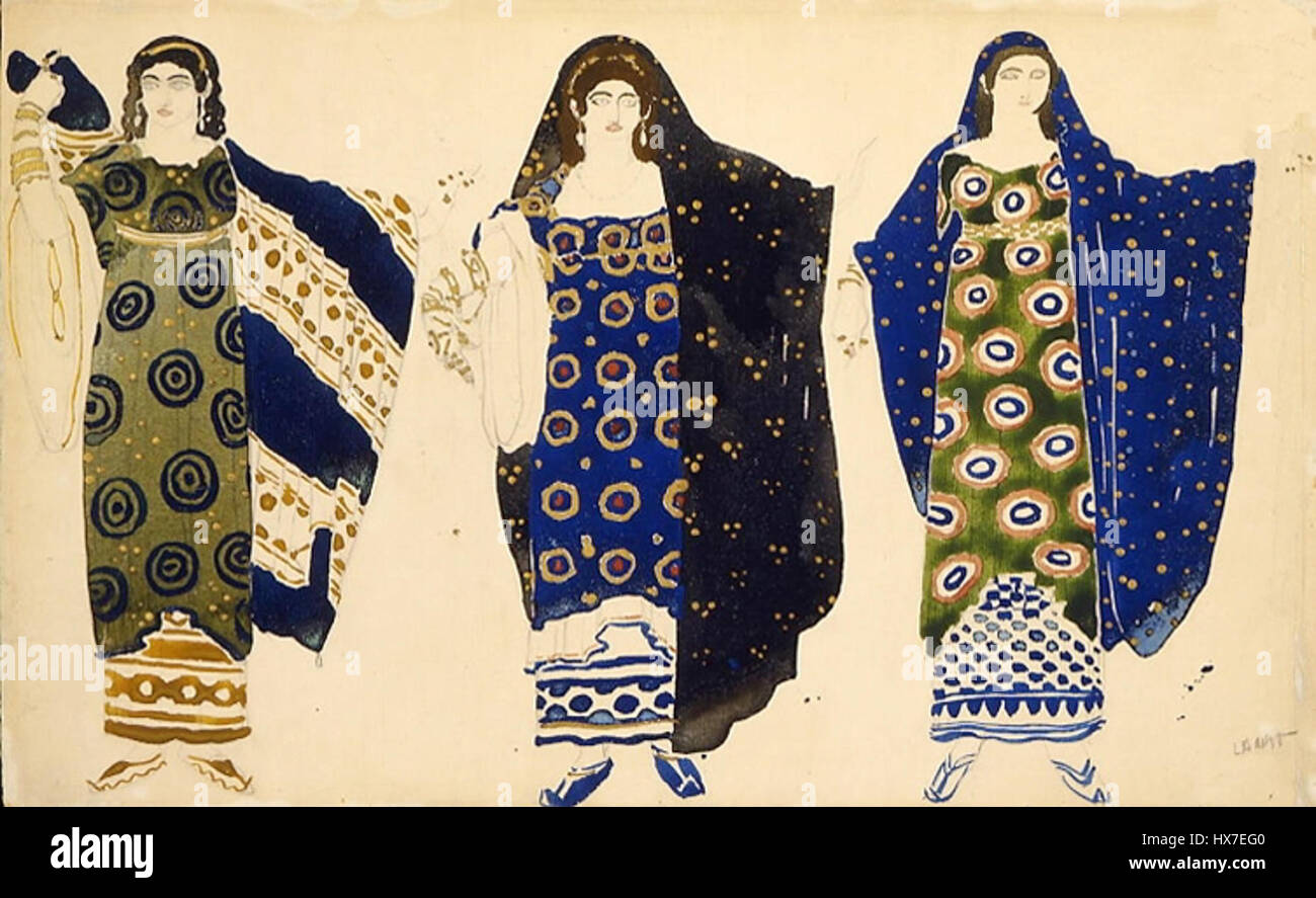 "Edipo a Colonus" di Bakst è un costume e un set design per un balletto o una produzione teatrale, che illustra il tragico mito greco. Il lavoro di Bakst cattura l'essenza drammatica del gioco attraverso elementi visivi dettagliati. Foto Stock