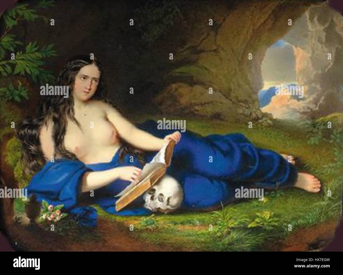 Il dipinto "Magdalena con libro e teschio" rappresenta probabilmente una rappresentazione simbolica della figura religiosa Maria Maddalena, con un libro e un teschio, entrambi simboli di conoscenza e mortalità. L'opera esplora temi di fede, conoscenza e morte. Foto Stock