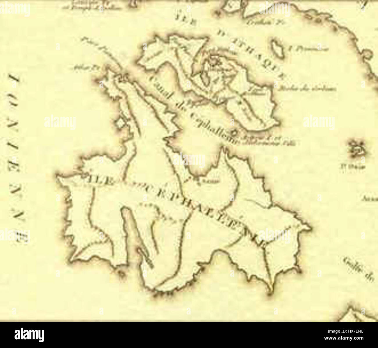 Questa mappa storica di Cefalonia fornisce caratteristiche geografiche dettagliate dell'isola nel Mar Ionio. Mette in evidenza città significative, luoghi di interesse e la costa dell'isola, offrendo uno sguardo alla cartografia e ai modelli di insediamento dell'epoca. Foto Stock