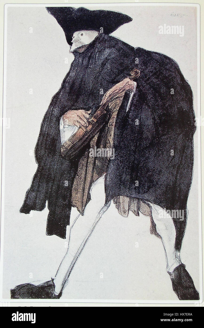 "Masqued Man" di Léon Bakst è un dipinto vibrante che mostra una figura mascherata, che riflette l'esplorazione di Bakst di temi teatrali ed esotici. Il lavoro cattura lo stile sgargiante e drammatico per cui Bakst è rinomato, spesso associato ai suoi set e costumi per le produzioni di balletto russo. Foto Stock