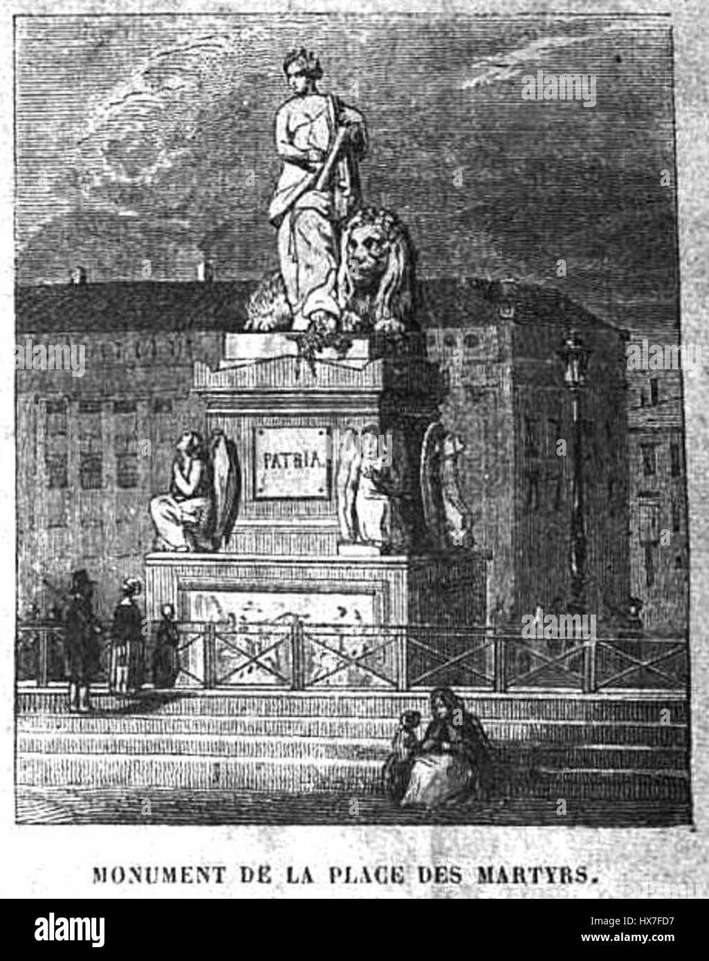 Il Monument de la Place des Martyrs è un monumento commemorativo situato in Place des Martyrs a Bruxelles, Belgio. Commemora coloro che morirono durante la rivoluzione belga del 1830, onorando il loro sacrificio nella lotta per l'indipendenza. Foto Stock