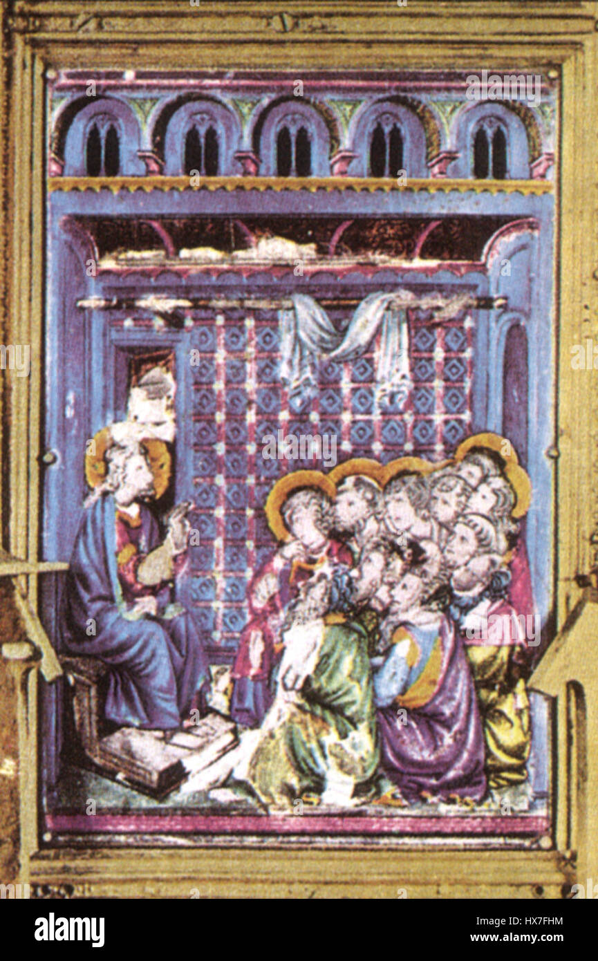 Questa scena smaltata fa parte del reliquiario del Corporale di Bolsena, situato nel Duomo di Orvieto. Realizzata da Ugolino di Vieri, presenta dettagliate opere d'arte religiosa medievali dei primi del XIV secolo. Foto Stock