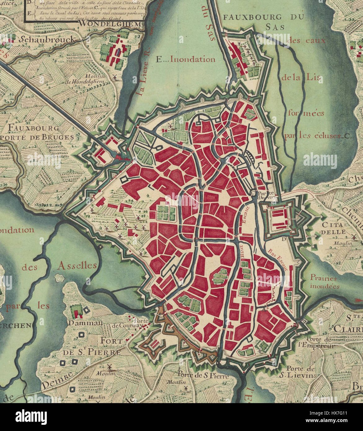 Il "Plan de Gand" del 1678 è una mappa dettagliata di Gand, in Belgio, che raffigura la struttura della città durante la fine del XVII secolo. Questa mappa fornisce preziose informazioni sullo sviluppo urbano e sul design architettonico della città durante il periodo. Foto Stock