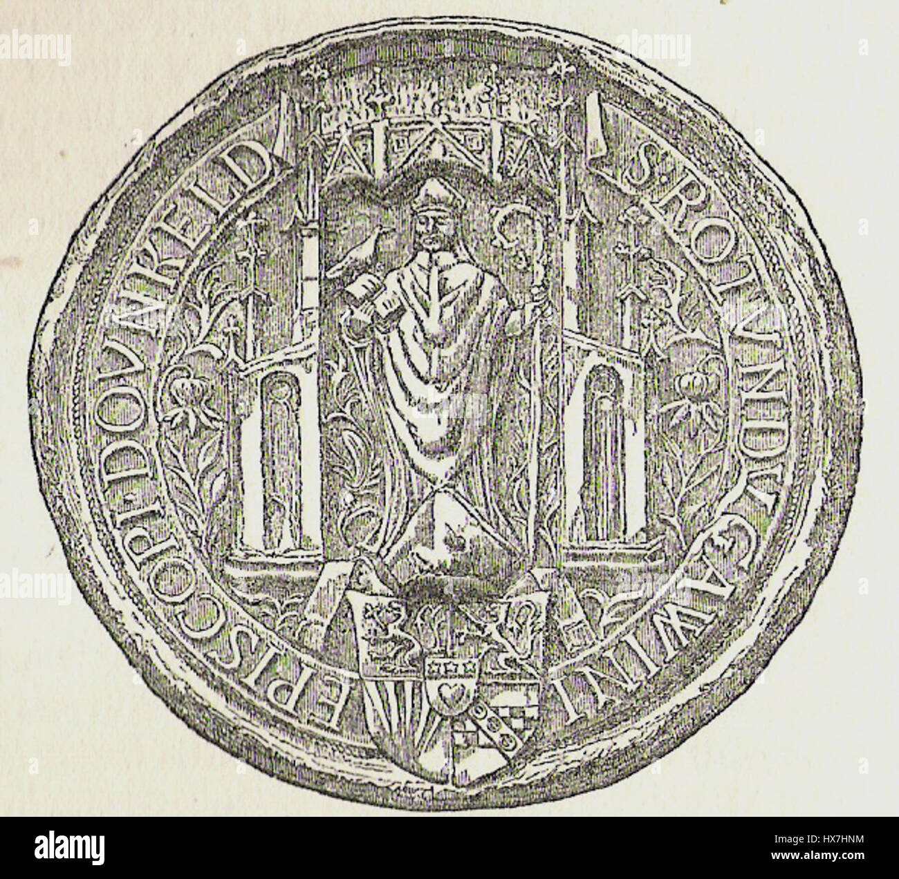 Il sigillo di Gavin Douglas, un chierico scozzese del XVI secolo, rappresenta sia i suoi ruoli religiosi che politici. Questo manufatto è un significativo simbolo storico di autorità durante il Rinascimento in Scozia, segnando la sua influenza sia nella chiesa che nella società. Foto Stock