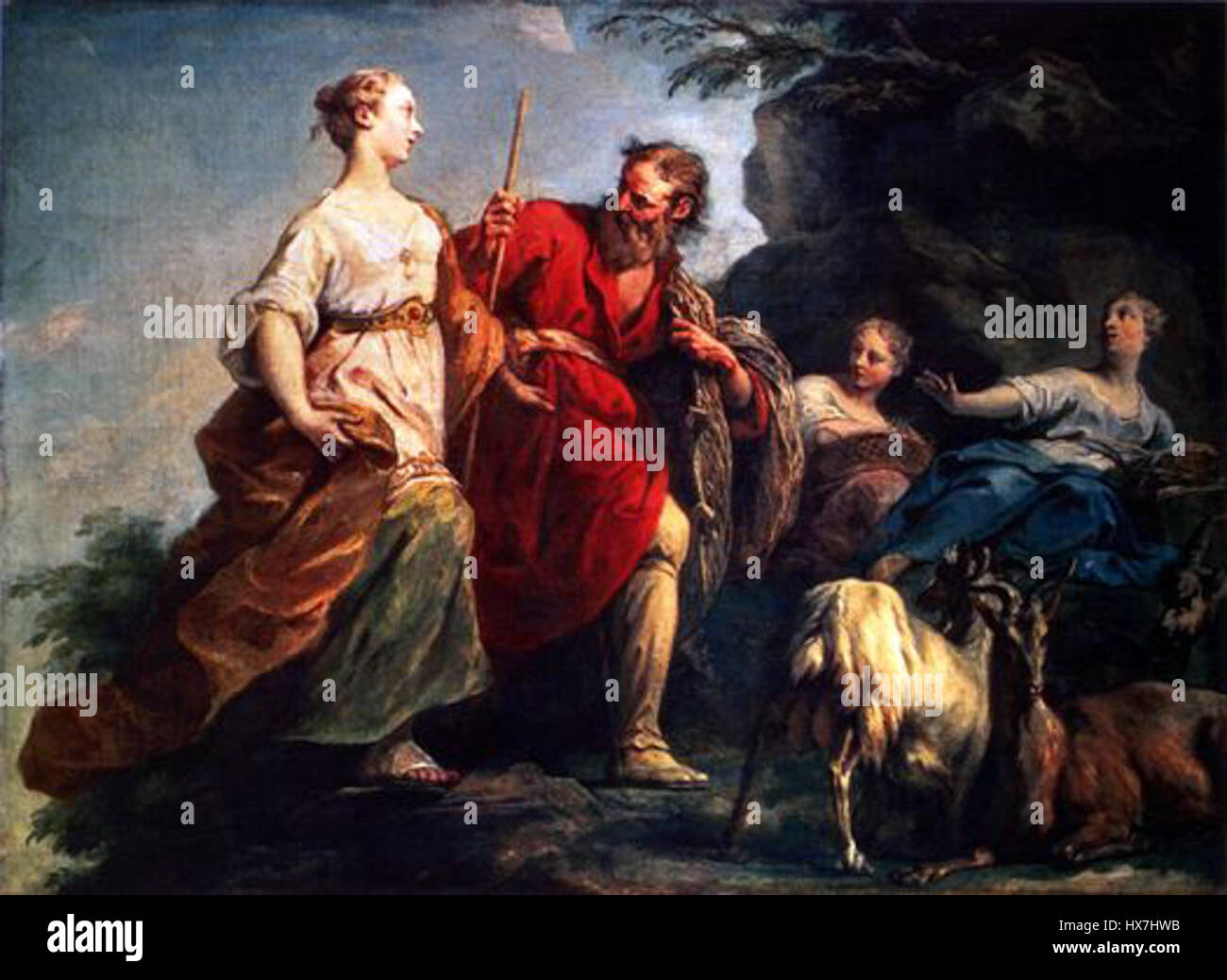 "Psychée fuyant la colère de Vénus" di Restout raffigura la scena mitologica in cui Psiche fugge dall'ira di Venere. Il dipinto cattura l'emozione drammatica e il conflitto divino, caratteristico delle narrazioni mitologiche nell'arte classica. Foto Stock