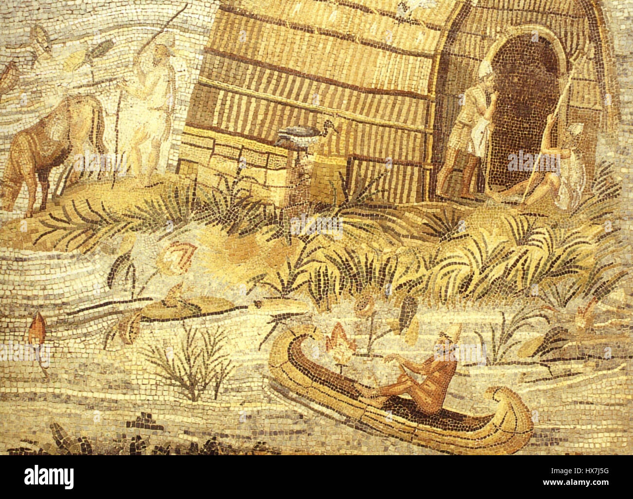 Il Mosaico del Nilo di Praeneste, sezione 15, è un'antica opera d'arte romana raffigurante scene provenienti dall'Egitto. Questa sezione mette in evidenza il fiume Nilo, con dettagli intricati che mostrano la sua importanza nella vita, nella cultura e nell'economia egiziana, fornendo informazioni sulle vedute romane dell'Egitto. Foto Stock