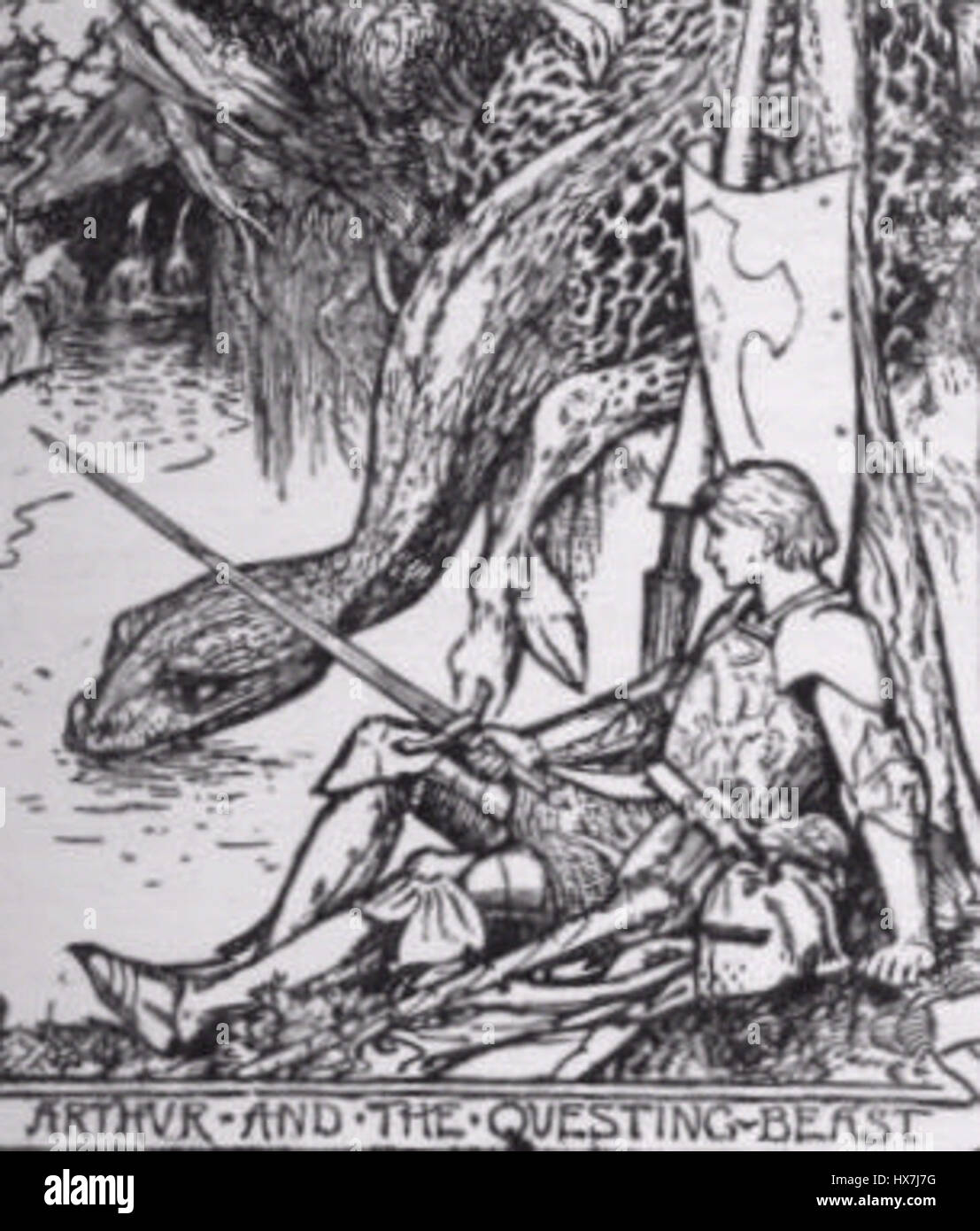 La bestia Questing è una creatura mitica della leggenda arturiana, spesso descritta come un animale ibrido con caratteristiche di leone, serpente e cervo. Simboleggia una ricerca o un inseguimento dell'irraggiungibile, comunemente associato ai cavalieri di Re Artù. Foto Stock