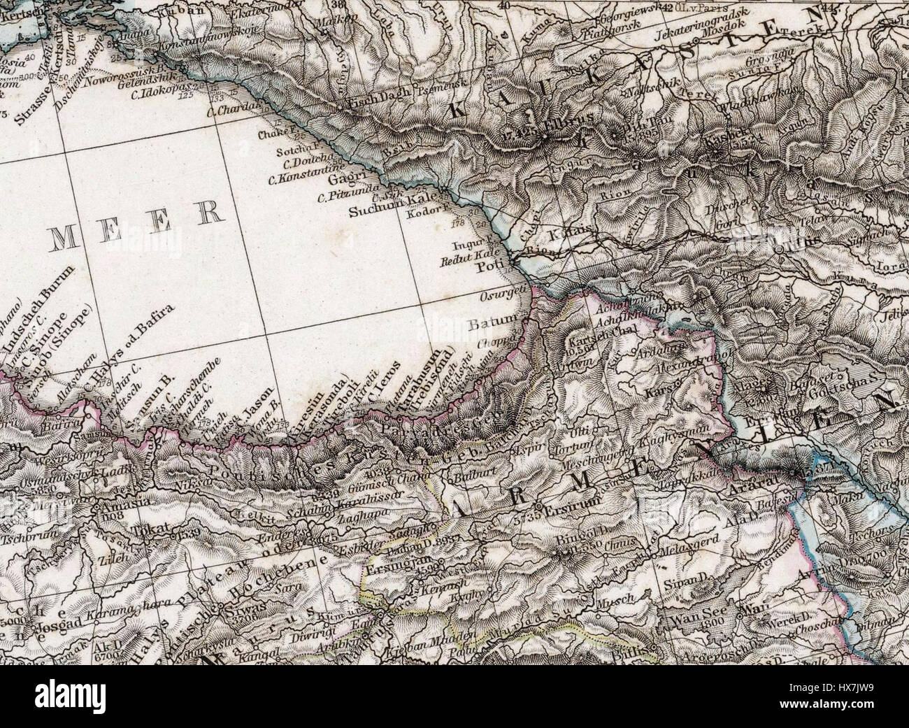 Questa litografia del 1875 di Adolf Stieler raffigura il Mar Mediterraneo e l'Africa settentrionale. Nota per le sue opere cartografiche, la mappa di Stieler fornisce una visione storica della regione, mostrando le caratteristiche geografiche e i confini politici dell'epoca. Foto Stock