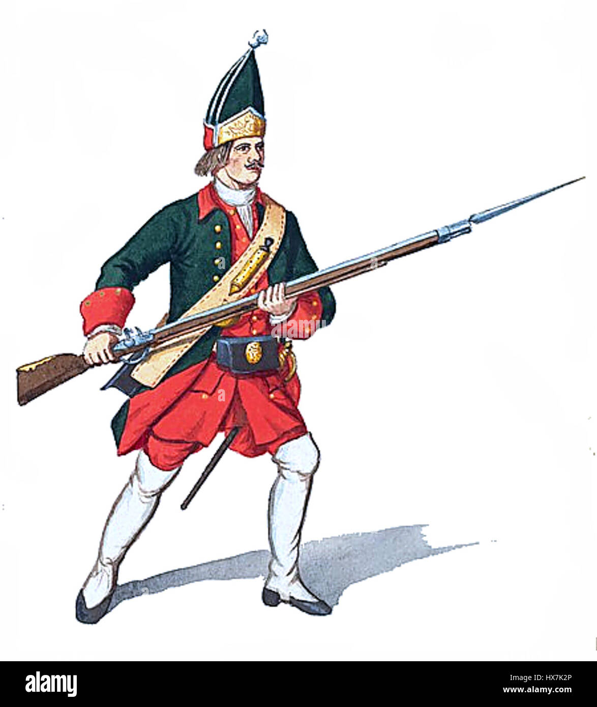 Il granatiere russo nel 1732 si riferisce alla distintiva uniforme militare indossata dai soldati russi all'inizio del XVIII secolo. Questo periodo segnò la modernizzazione dell'esercito russo sotto lo zar Pietro il grande, con le unità di granatieri chiave sia nella difesa che nell'offesa durante il periodo. Foto Stock