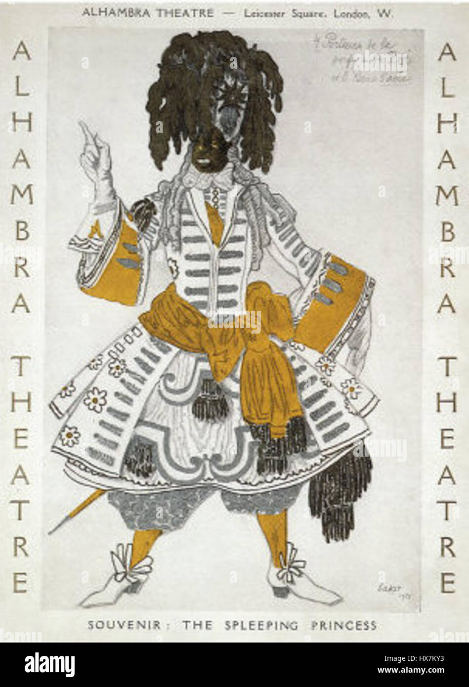 Questa variazione di "la bella addormentata" di Leon Bakst mette in evidenza i suoi costumi teatrali. Il design si concentra sui dettagli intricati del costume, catturando la magia e l'eleganza della fiaba attraverso colori vivaci e forme fluide. Foto Stock
