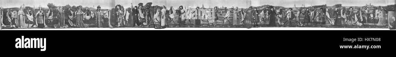 "Totentanz" (Danza della morte) è un famoso motivo dell'arte medievale, particolarmente raffigurato a Lübeck, in Germania. L'opera mostra una serie di figure impegnate in una danza con la morte, simboleggiando l'inevitabilità della mortalità. Questo genere d'arte era prevalente durante la peste nera, servendo come promemoria della fragilità della vita. Foto Stock "Totentanz" (Danza della morte) è un famoso motivo dell'arte medievale, particolarmente raffigurato a Lübeck, in Germania. L'opera mostra una serie di figure impegnate in una danza con la morte, simboleggiando l'inevitabilità della mortalità. Questo genere d'arte era prevalente durante la peste nera, servendo come promemoria della fragilità della vita. Foto Stock