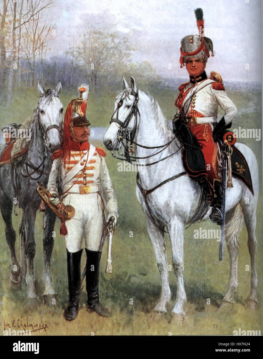 Questa opera raffigura i trombettieri dei corazzieri e dell'artiglieria a cavallo del Ducato di Varsavia, illustrando il loro abbigliamento militare e il loro ruolo durante le guerre napoleoniche. L'immagine enfatizza la funzione cerimoniale e militare del trombettista in questo contesto storico. Foto Stock