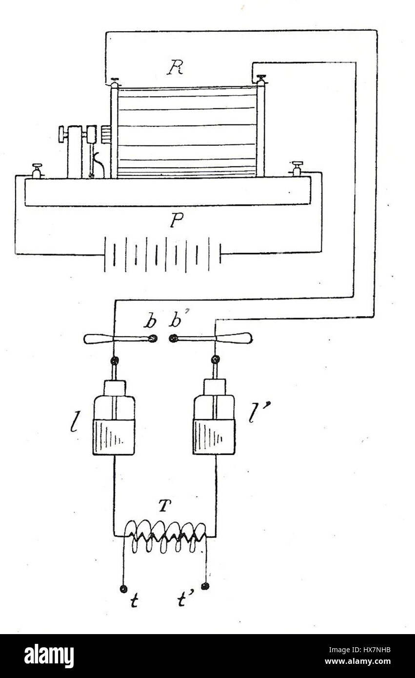 Questa illustrazione tecnica raffigura il progetto di una bobina di Ruhmkorff, una bobina a induzione precoce utilizzata per generare elettricità ad alta tensione nel XIX secolo. L'immagine mostra la struttura della bobina e le proprietà elettriche. Foto Stock