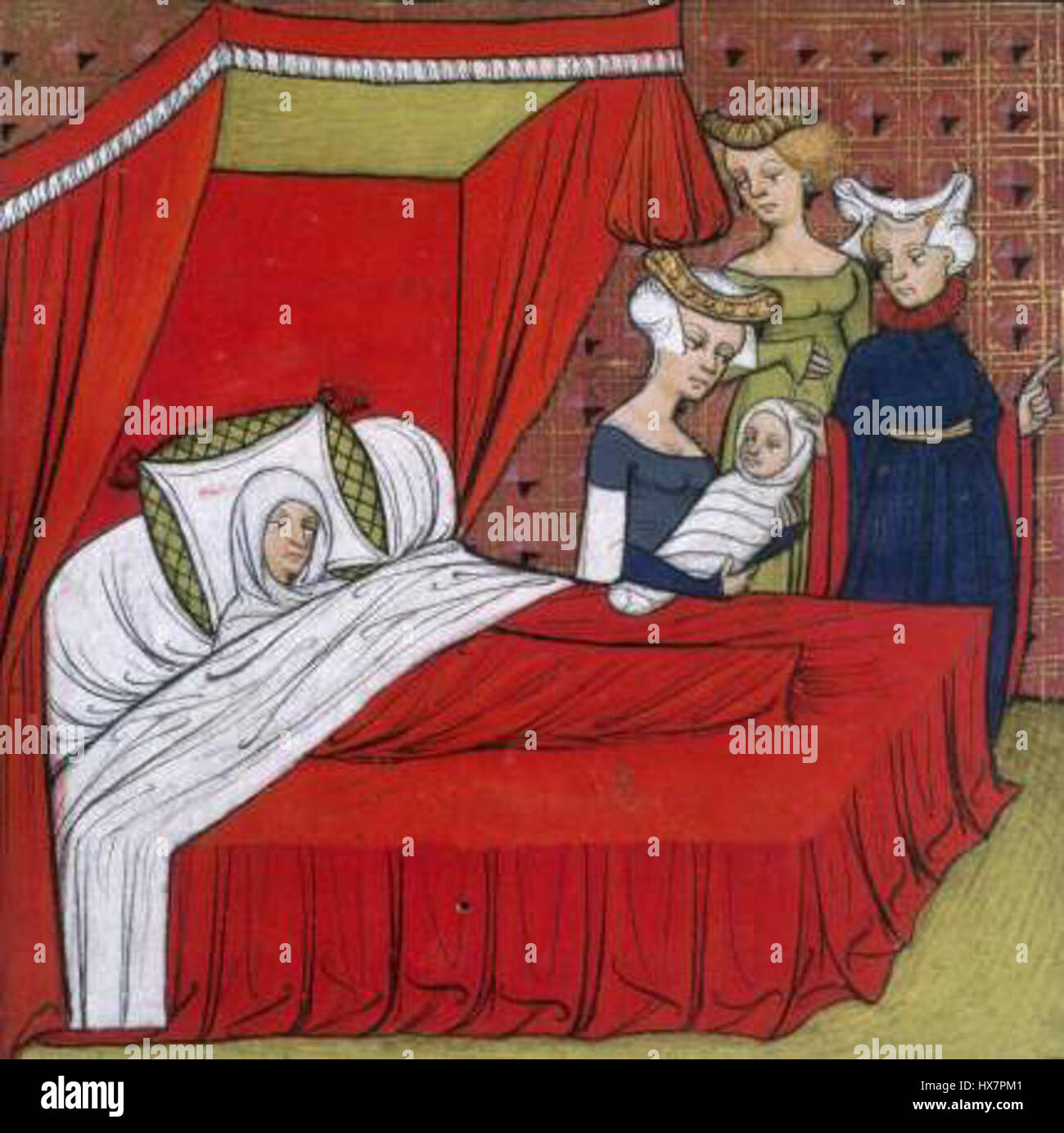 Questa miniatura raffigura la nascita di Luigi VIII, re di Francia, e rappresenta un evento significativo nella storia reale francese. L'immagine cattura il tema reale e l'importanza della nascita di Luigi VIII alla monarchia francese. Foto Stock