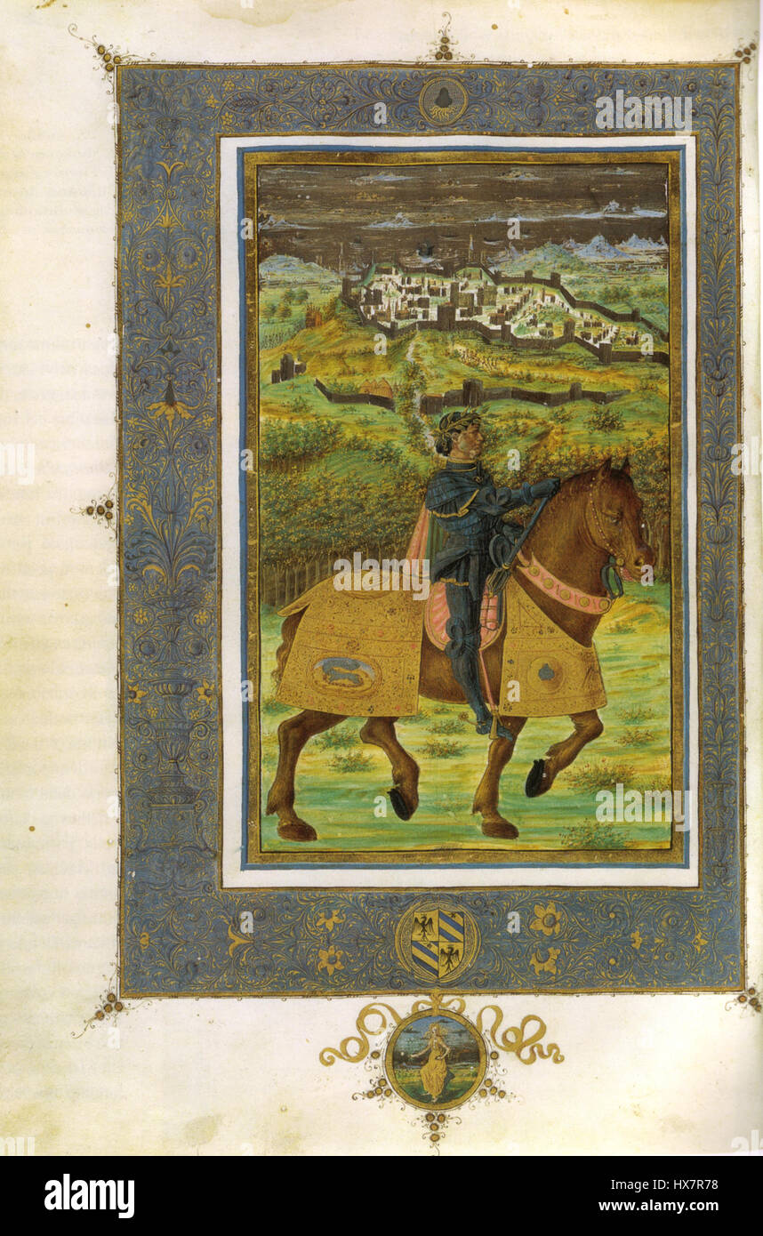 Miniatore fiorentino del 1472, Federico da Montefeltro durante l'assedio di Volterra, alla Biblioteca Apostolica Vaticana, Poggio Bracciolini, historia florentina, ms. urb lat 491 f. IV V Foto Stock