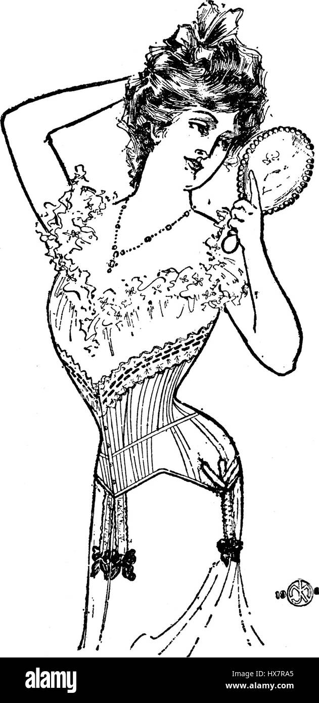 "Long Hip Belt Models for all figures" sembra riferirsi a un'illustrazione storica di moda con modelli che indossano cinture lunghe, un accessorio popolare in varie rappresentazioni artistiche dell'epoca. Foto Stock