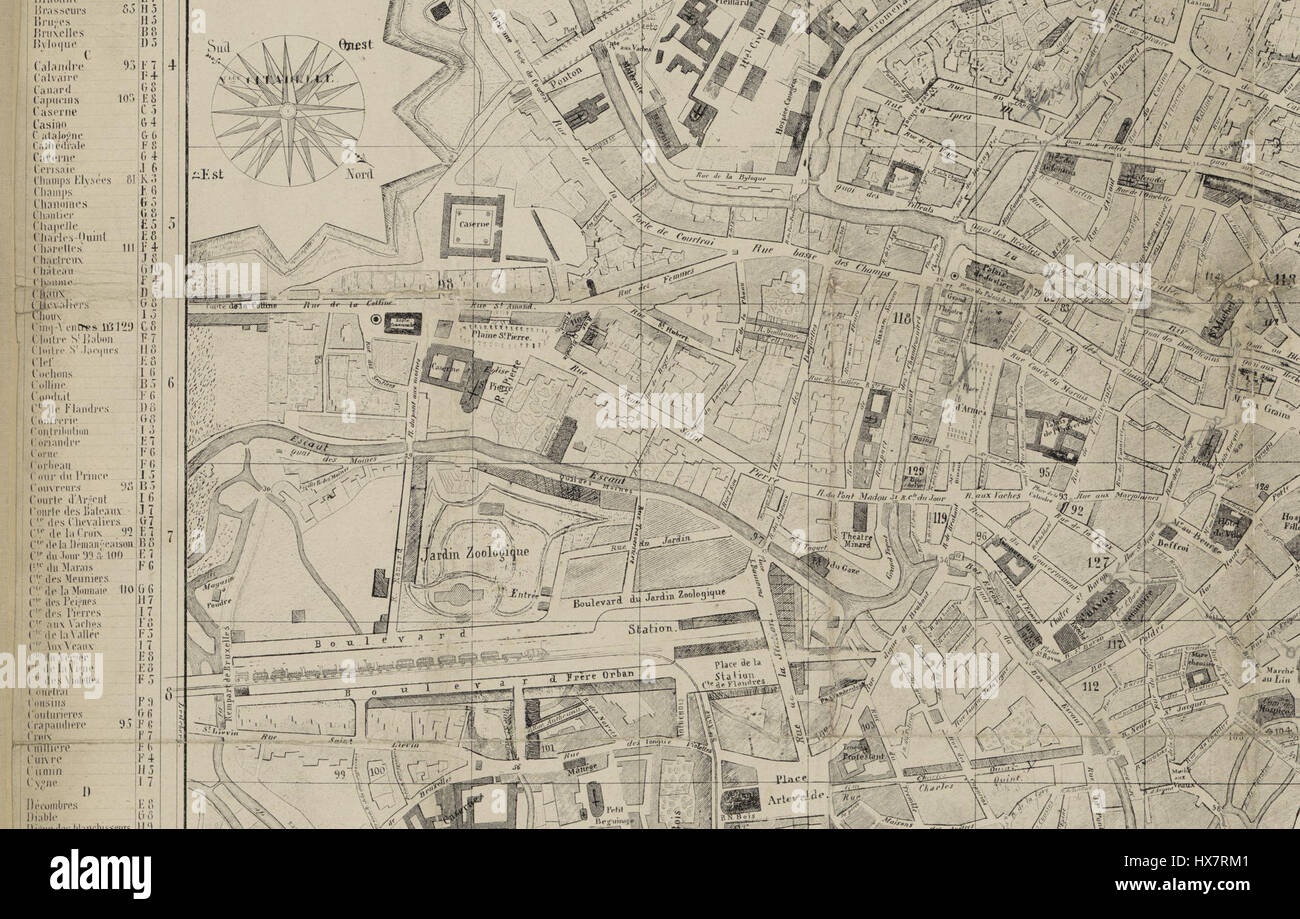 Questa mappa di Tessaro mette in evidenza le caratteristiche principali della città di Gand, concentrandosi sul layout urbano e sugli elementi geografici. Rappresenta la cartografia storica con attenzione ai dettagli e alla precisione. Foto Stock