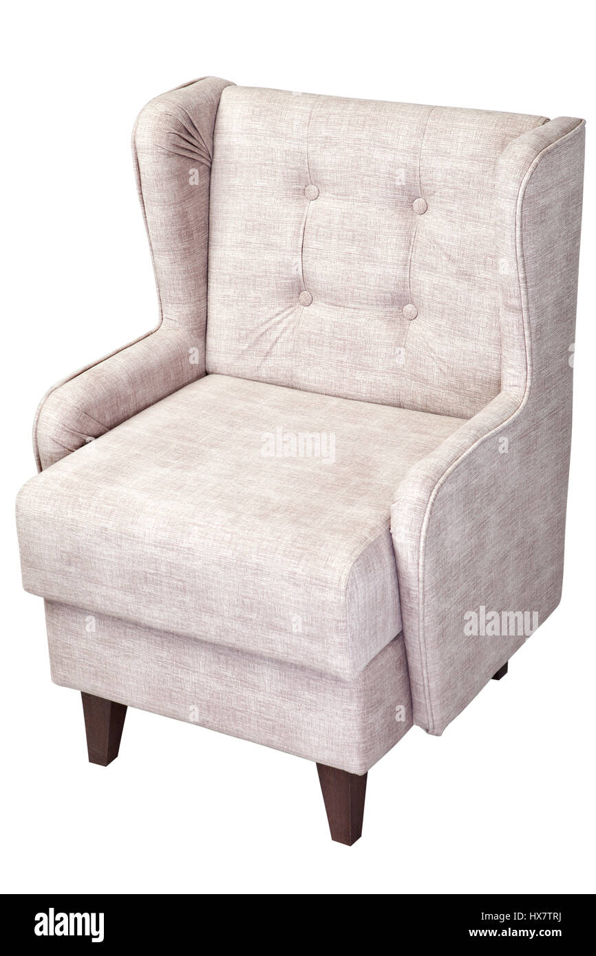 Una sedia beige, tessuto imbottito, isolato su sfondo bianco con percorso di clipping. Foto Stock