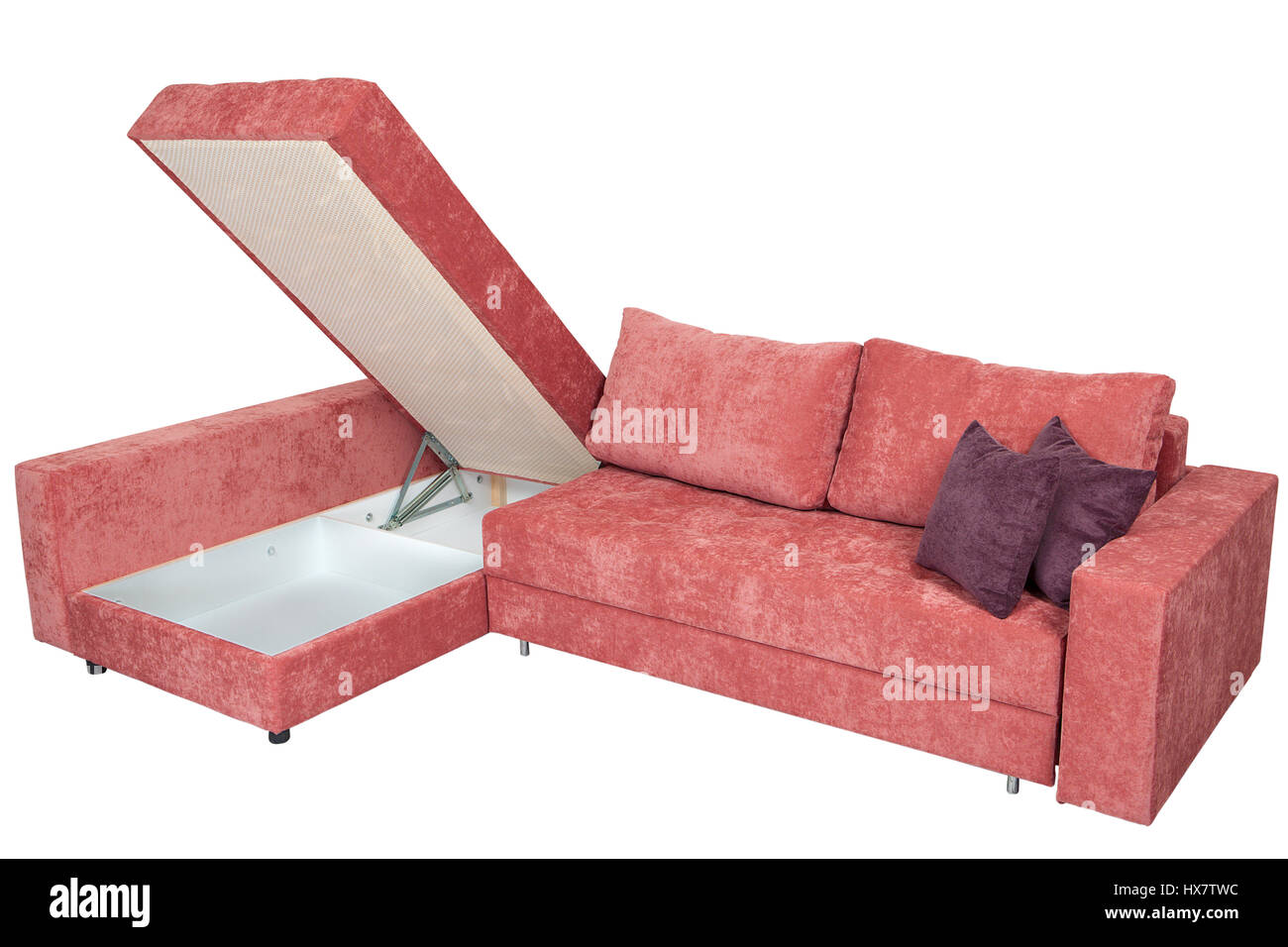 Angolo divano letto con spazio di archiviazione, rivestimento morbido tessuto rosa, isolata su uno sfondo bianco, salvata la selezione del percorso. Foto Stock