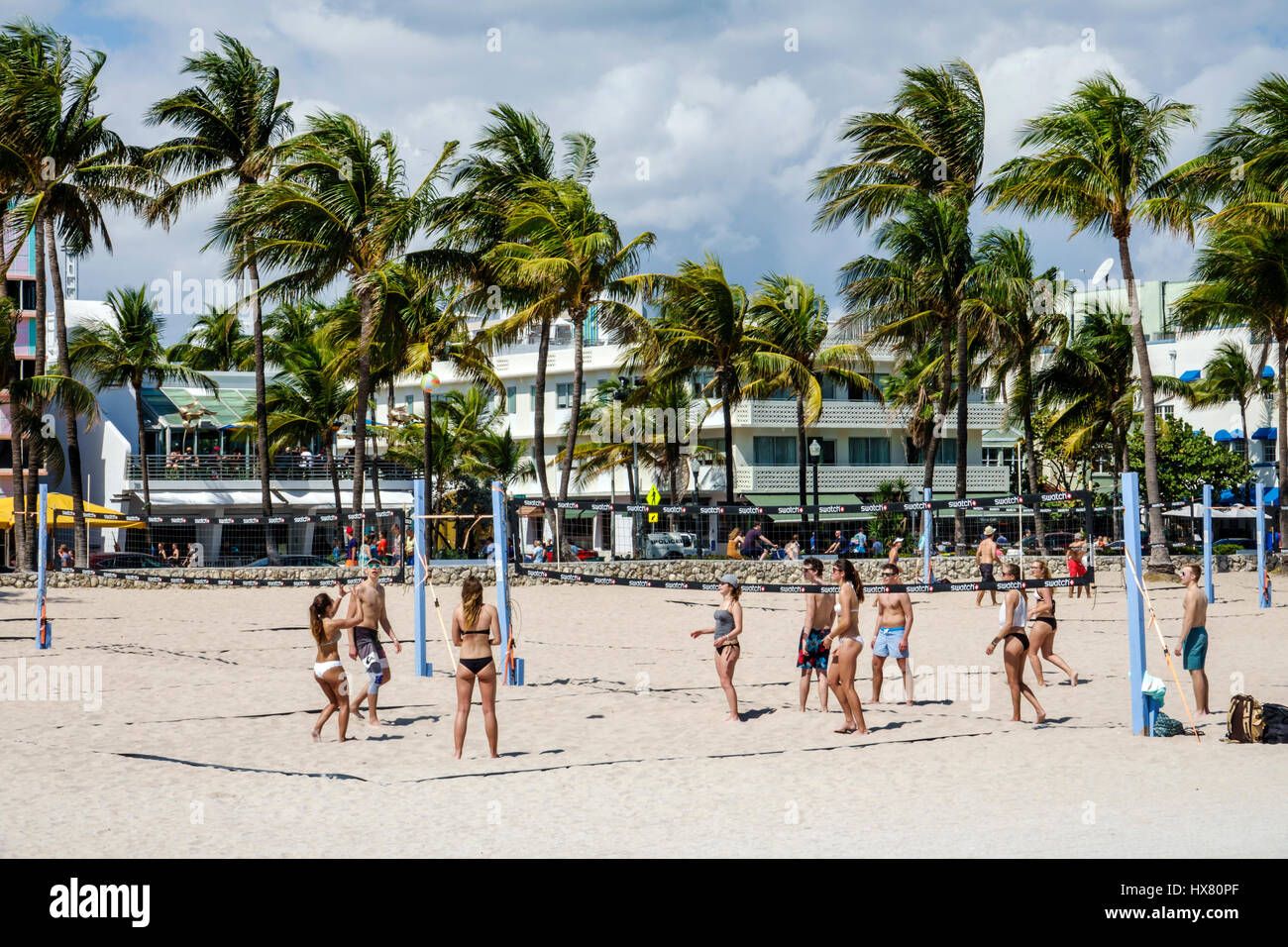Miami Beach Florida, Ocean Drive, Lummus Park, palme, Beach volley, campo da pallavolo, uomo uomo maschio, donna donna donne, giovane adulto, bikini, sport, gioco, tè Foto Stock