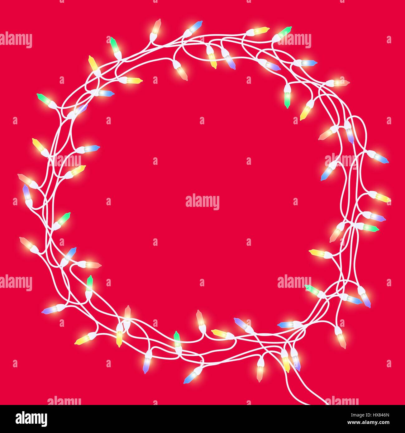 Ghirlanda di Natale o telaio della ghirlanda di fiori colorati con incandescente luci luminose su uno sfondo di colore rosso. Isolato. Disegnata a mano illustrazione vettoriale. Illustrazione Vettoriale