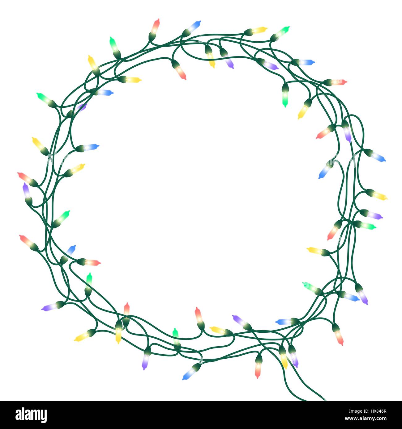 Ghirlanda di Natale o telaio della ghirlanda di fiori colorati con incandescente luci luminose su uno sfondo bianco. Isolato. Disegnata a mano illustrazione vettoriale. Illustrazione Vettoriale