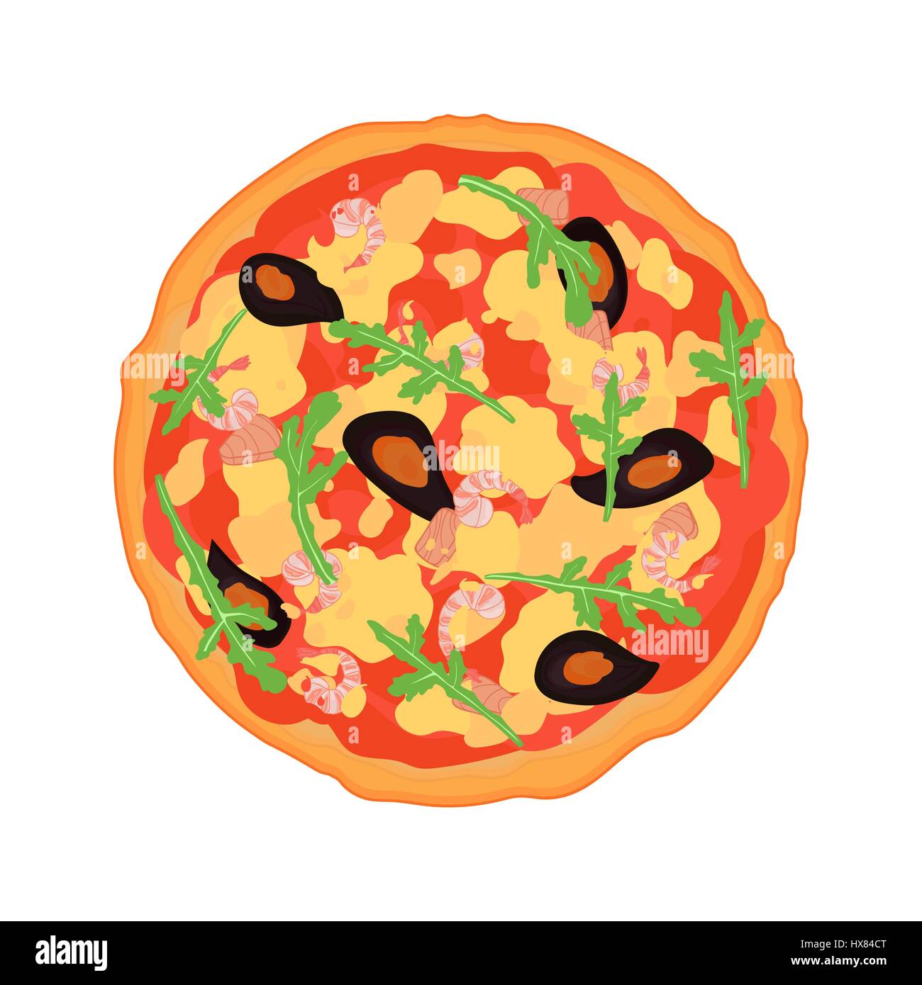 Piatto pizza italiana con pesce, cozze, rucola, gamberi e una varietà di salse. Disegnata a mano illustrazione vettoriale. Illustrazione Vettoriale