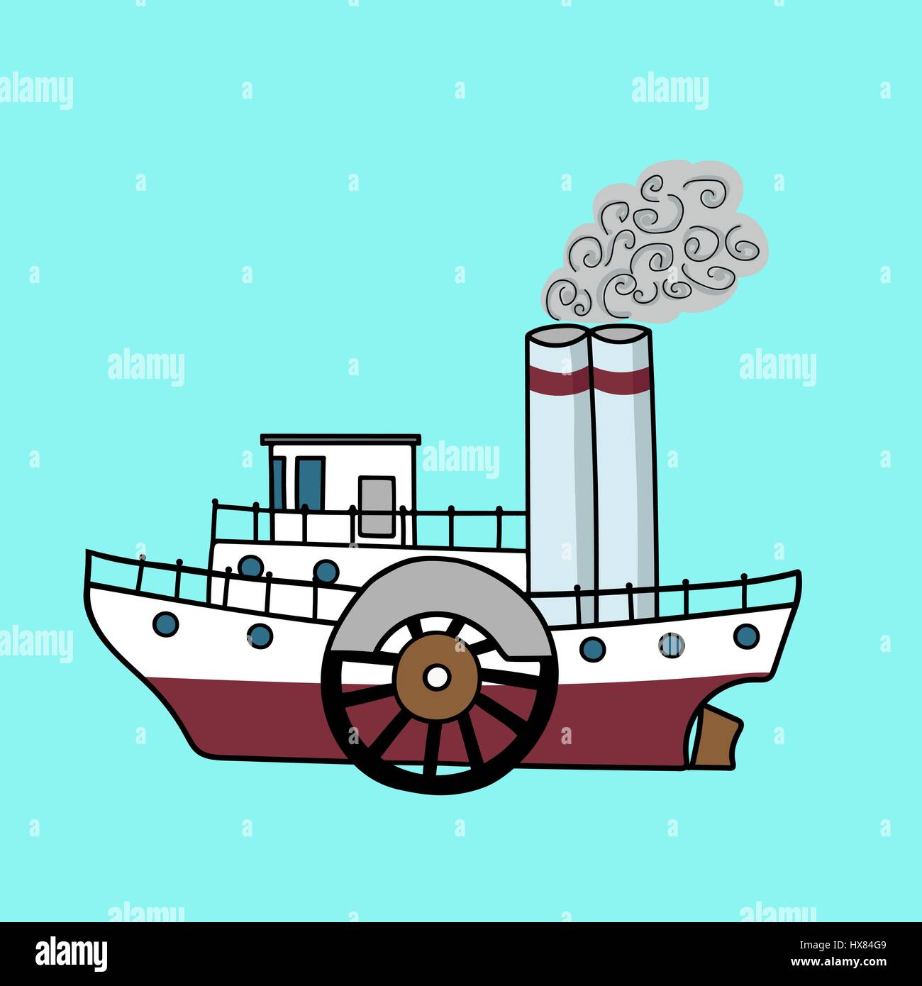 Cartoon steamship piatta in stile retrò. Vecchio steamboat su uno sfondo blu. Disegnata a mano illustrazione vettoriale. Illustrazione Vettoriale