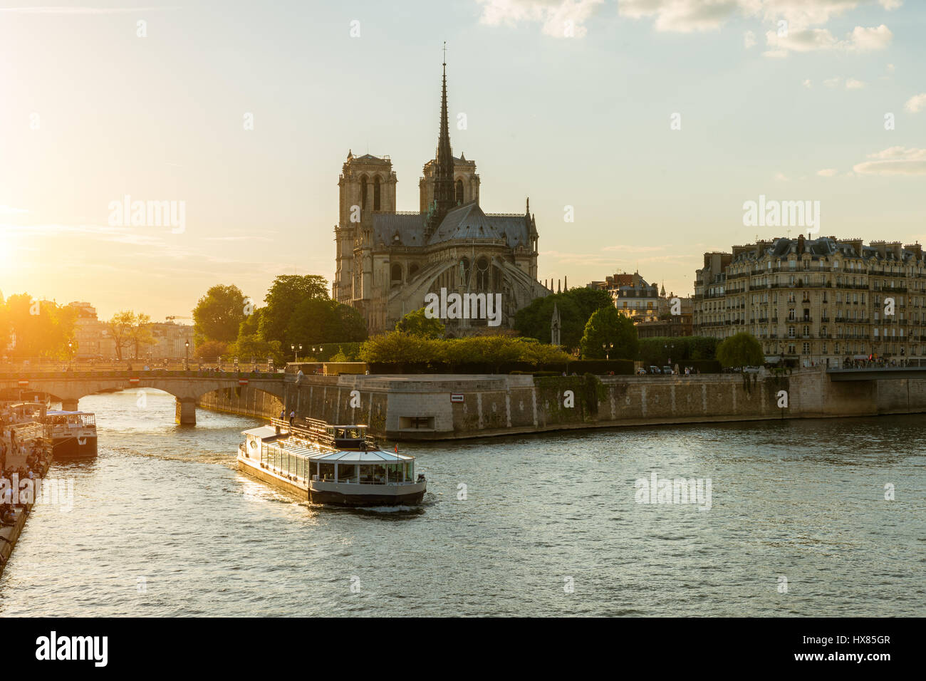 Notre Dame de Paris con la nave da crociera sul fiume Senna a Parigi, Francia Foto Stock