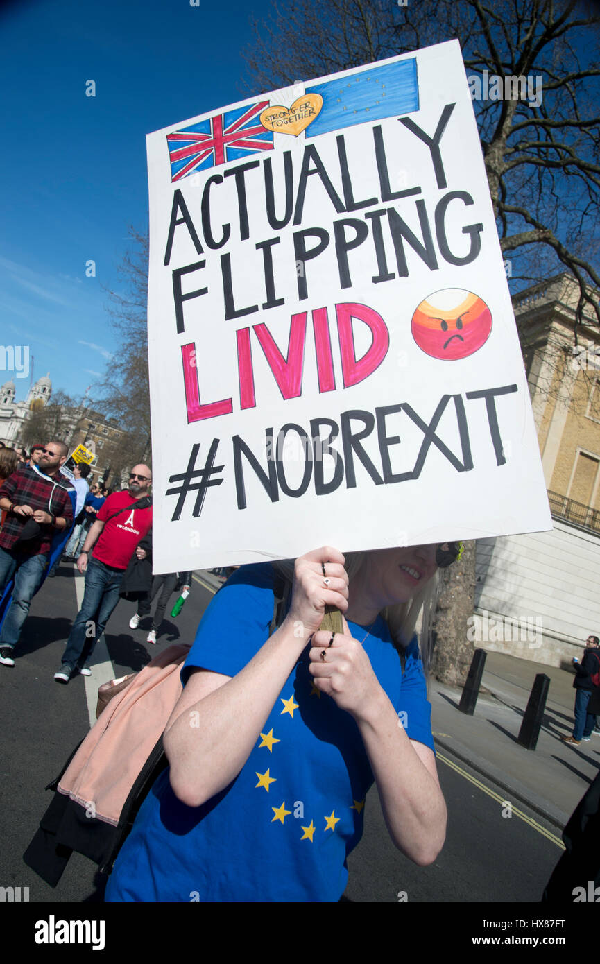 Unite per l'Europa marzo al Parlamento il 25 marzo 2017 , Londra. Una donna che tiene un cartello che dice "effettivamente flipping livido. No Brexit'. Foto Stock