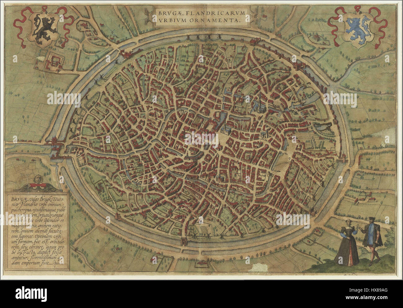 La mappa del XVI secolo di Bruges di Braun & Hogenberg mostra la città di Bruges in Belgio, fornendo uno sguardo dettagliato sulla struttura urbana, l'architettura e la geografia storica dell'epoca. Foto Stock