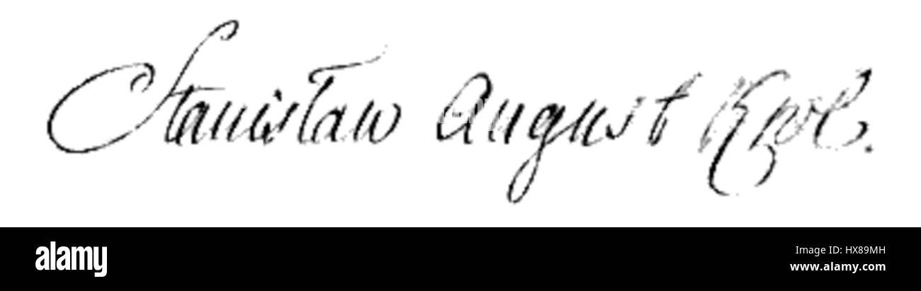 La firma di Stanisław August Poniatowski, l'ultimo re di Polonia, simboleggia il suo significato storico durante la fine del XVIII secolo. Il suo regno vide le spartizioni della Polonia e gli sforzi per modernizzare il paese. La firma di Poniatowski si trova spesso sui documenti ufficiali e sui simboli della sua autorità reale e della sua influenza politica. Foto Stock
