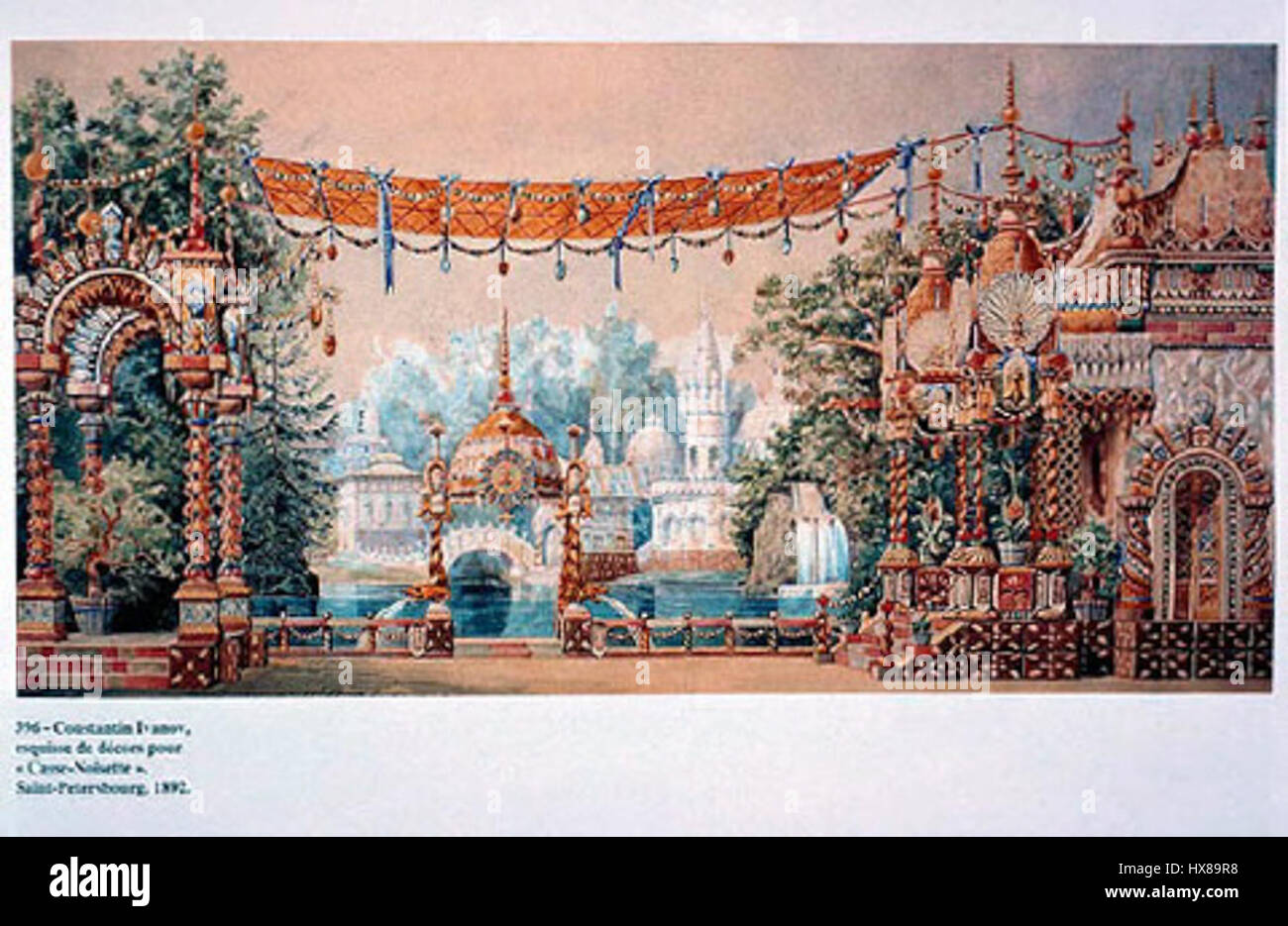 Questo design per il balletto Schiaccianoci presenta costumi intricati e set di elementi pensati per migliorare l'atmosfera magica e festosa della produzione. Il lavoro mette in risalto i fantastici temi del balletto, concentrandosi sull'eleganza, la fantasia e l'incantevole mondo della storia dello Schiaccianoci. Foto Stock