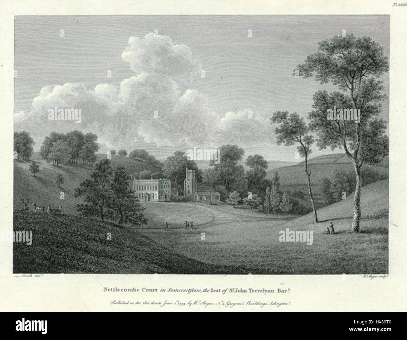 Questa rappresentazione storica della corte di Nettlecombe nel 1793 cattura la grande tenuta nella sua forma tardo XVIII secolo. La casa padronale inglese, con la sua architettura classica, rappresenta la ricchezza e lo stato del tempo, così come la vita agricola e rurale che la circondava nel Somerset, in Inghilterra. Foto Stock Questa rappresentazione storica della corte di Nettlecombe nel 1793 cattura la grande tenuta nella sua forma tardo XVIII secolo. La casa padronale inglese, con la sua architettura classica, rappresenta la ricchezza e lo stato del tempo, così come la vita agricola e rurale che la circondava nel Somerset, in Inghilterra. Foto Stock